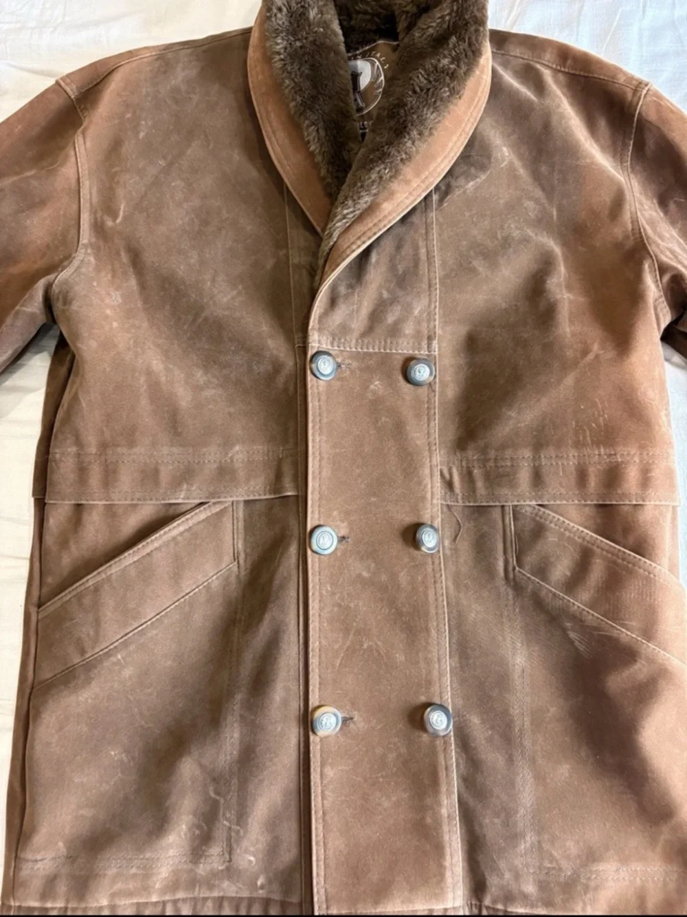 T. Shearling Men’s XL Brown Overcoat Button Shawl Collar Lined Pockets Mid - Picture 2 of 9